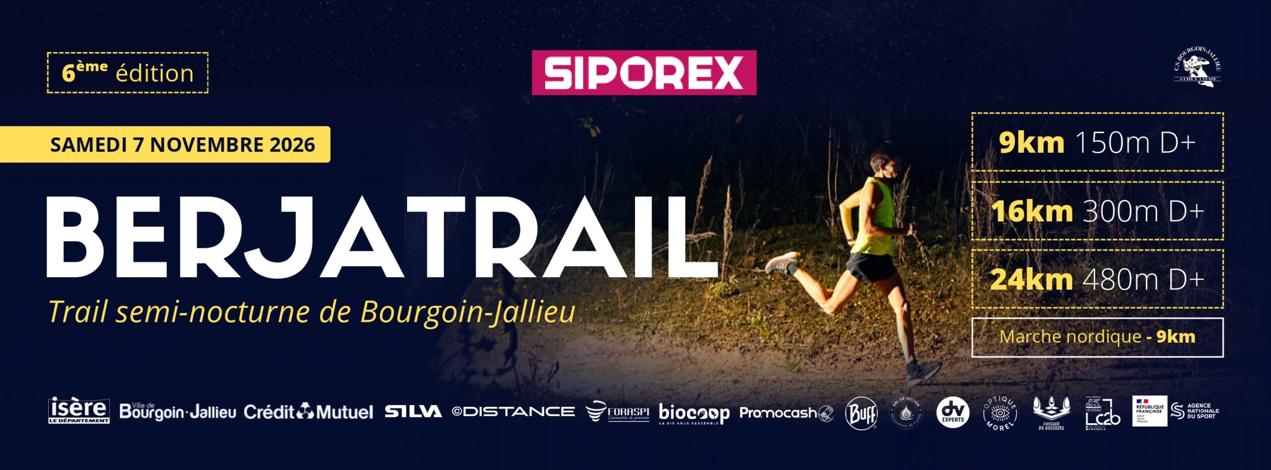 Bannière du Berjatrail Siporex 2026 à Bourgoin-Jallieu, le 7 novembre 2026 : trails de 9, 16 et 24 km et marche de 9 km.