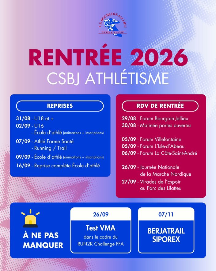 Calendrier de rentrée 2026 du CSBJ Athlétisme à Bourgoin-Jallieu : reprises, inscriptions, forums, Test VMA, marche nordique, Virades de l’Espoir et Berjatrail